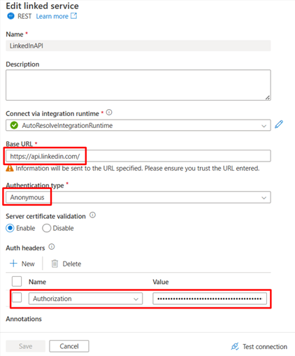 Connecting Linkedin API to Azure Synapse