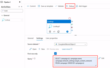 Azure Synapse/ Data Factory - Creating a dataset using Google Ads linked service