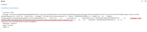 Azure Synapse/ Data Factory - Creating a dataset using Google Ads linked service